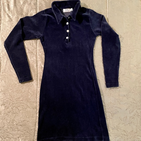 ❤️VINTAGE GUESS ❄️BLUE VELVETY CORDUROY VELOUR LONG-SLEEVE STRETCHY DRESS💗 - Picture 2 of 7